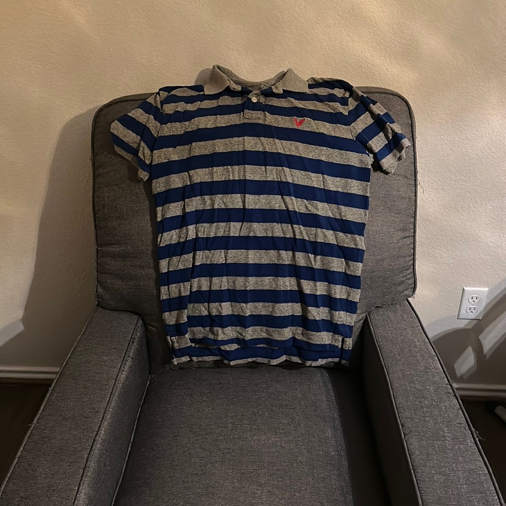 American Eagle outfitters, gray and blue striped collared T-shirt